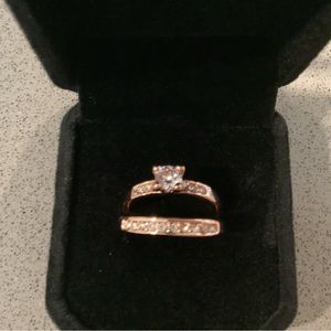 Rings, bridal set, rose gold plated silver, diamonds with accents, lab created